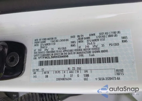 2024 Ford F-150 Stx из США, поврежденный, VIN 1FTFW2L58RKE84898